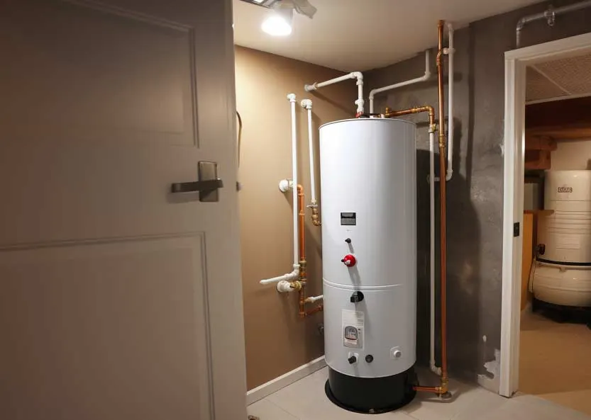 Residential gas water heater tank installed in a Montreal basement